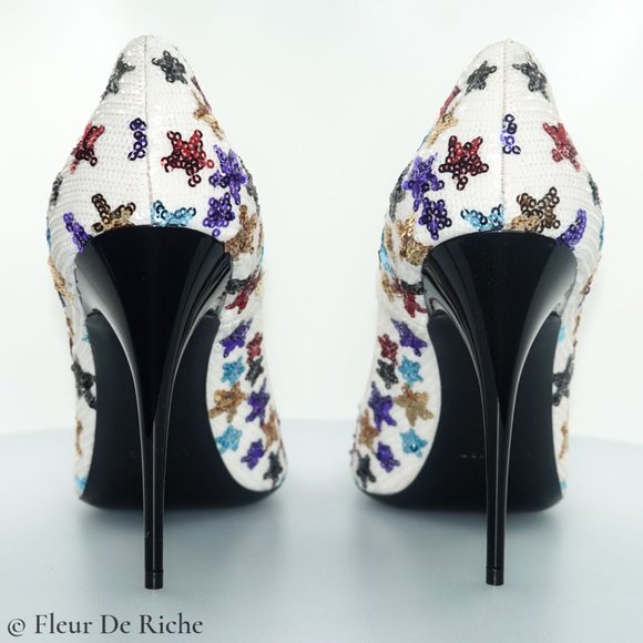 Saint Laurent Palace 105 White Sequin High Heels - Picture 8 of 9